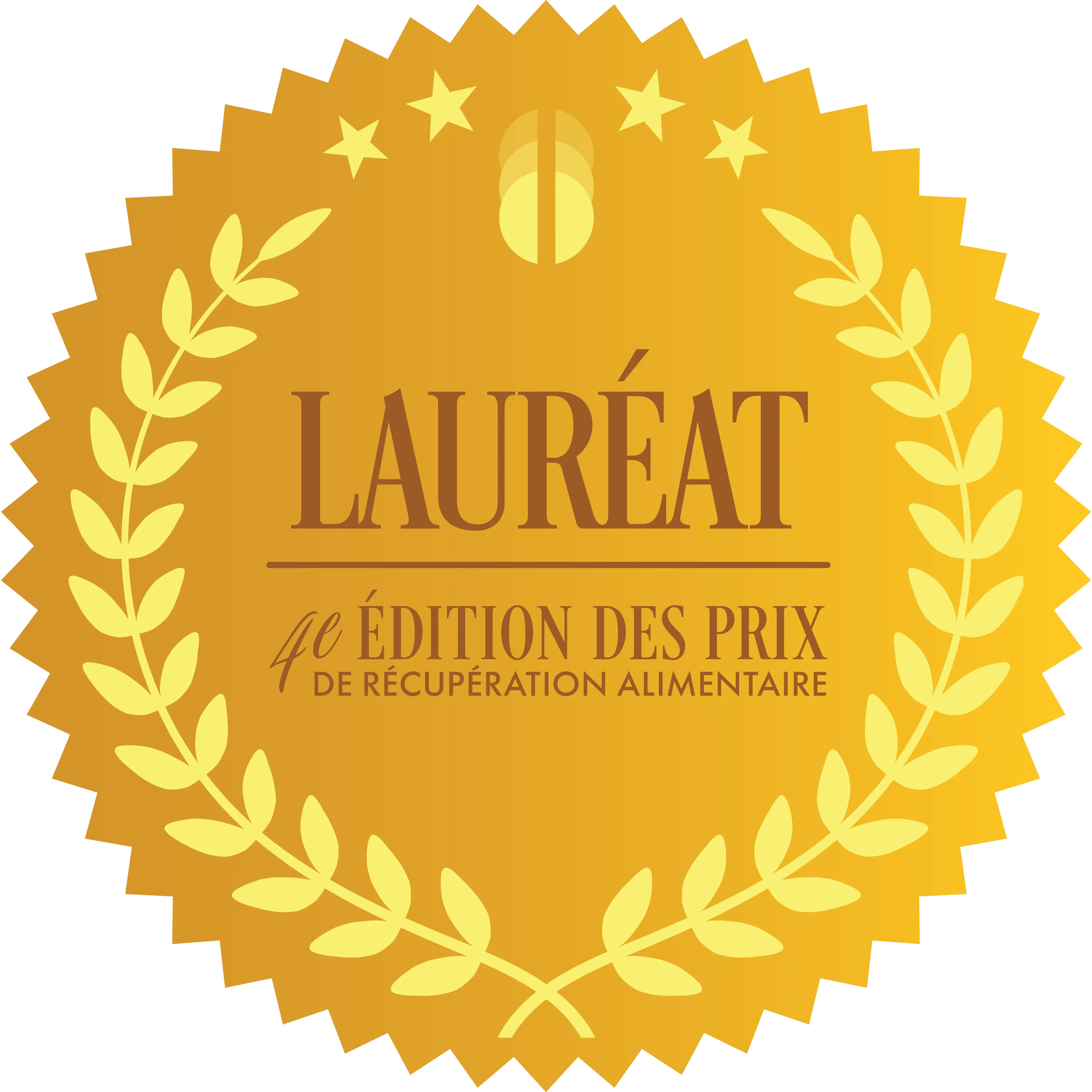 Sceau doré avec couronne de laurier et étoiles indiquant « Lauréat — 4e édition des Prix de récupération alimentaire ».