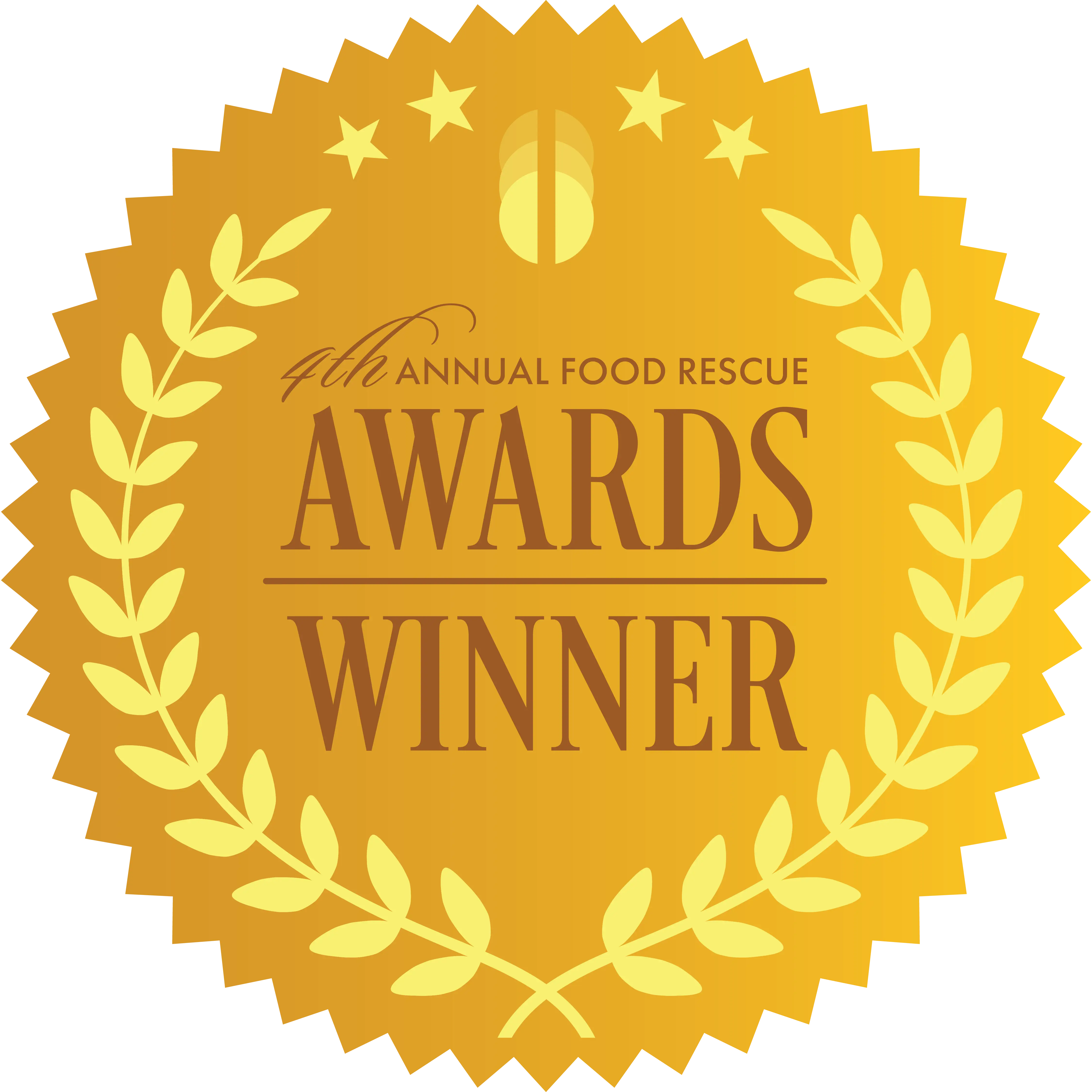 Gold seal badge with laurel wreath and stars reading “4th Annual Food Rescue Awards Winner.”